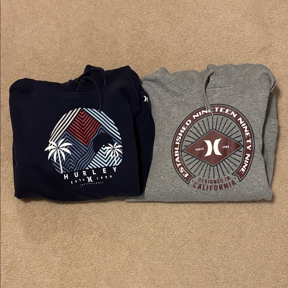 2 Hurley Hoodies. Navy and Gray with Graphic Prints